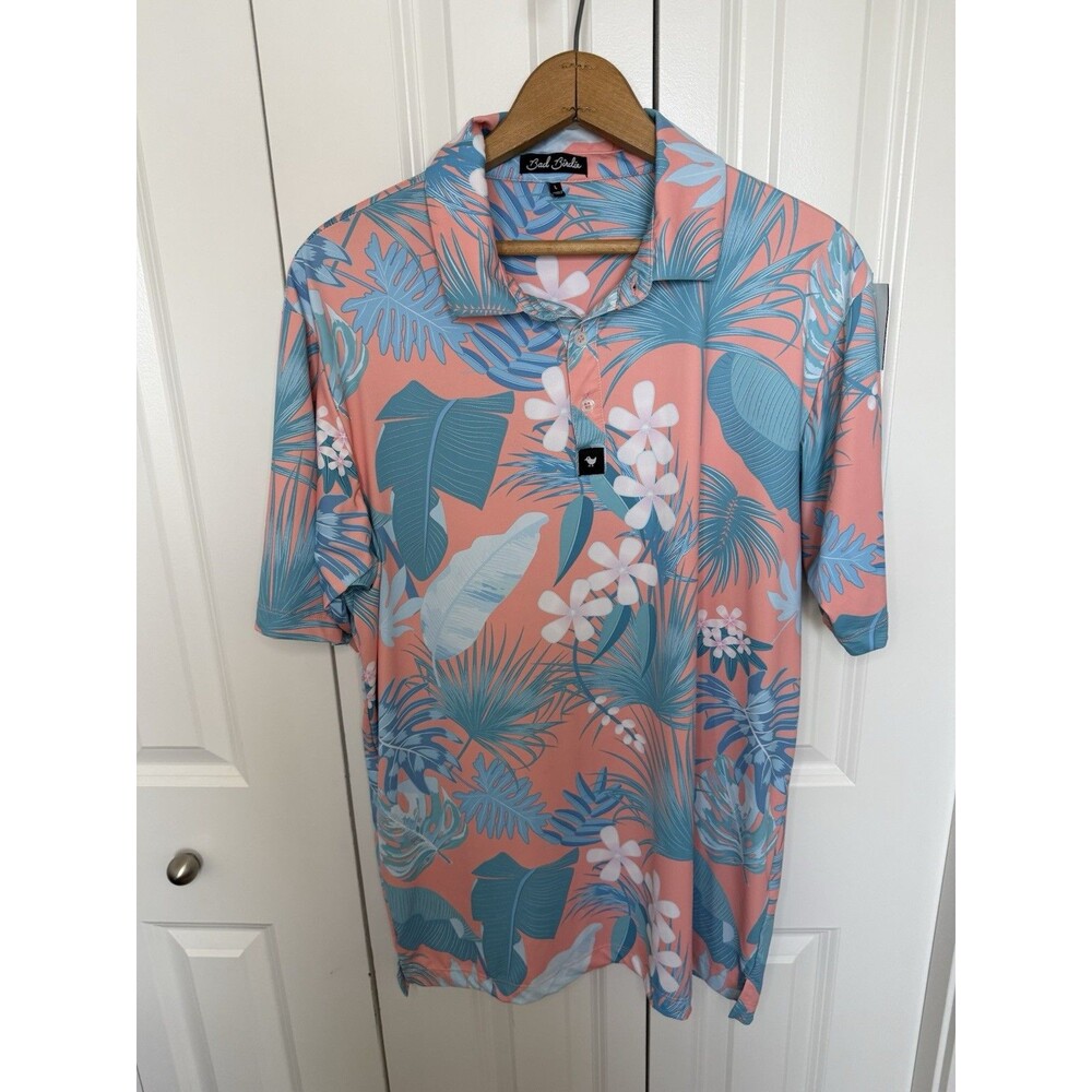 Bad Birdie Polo Shirt Men’s Large Teal Peach Floral Hawaiian Golf Performance